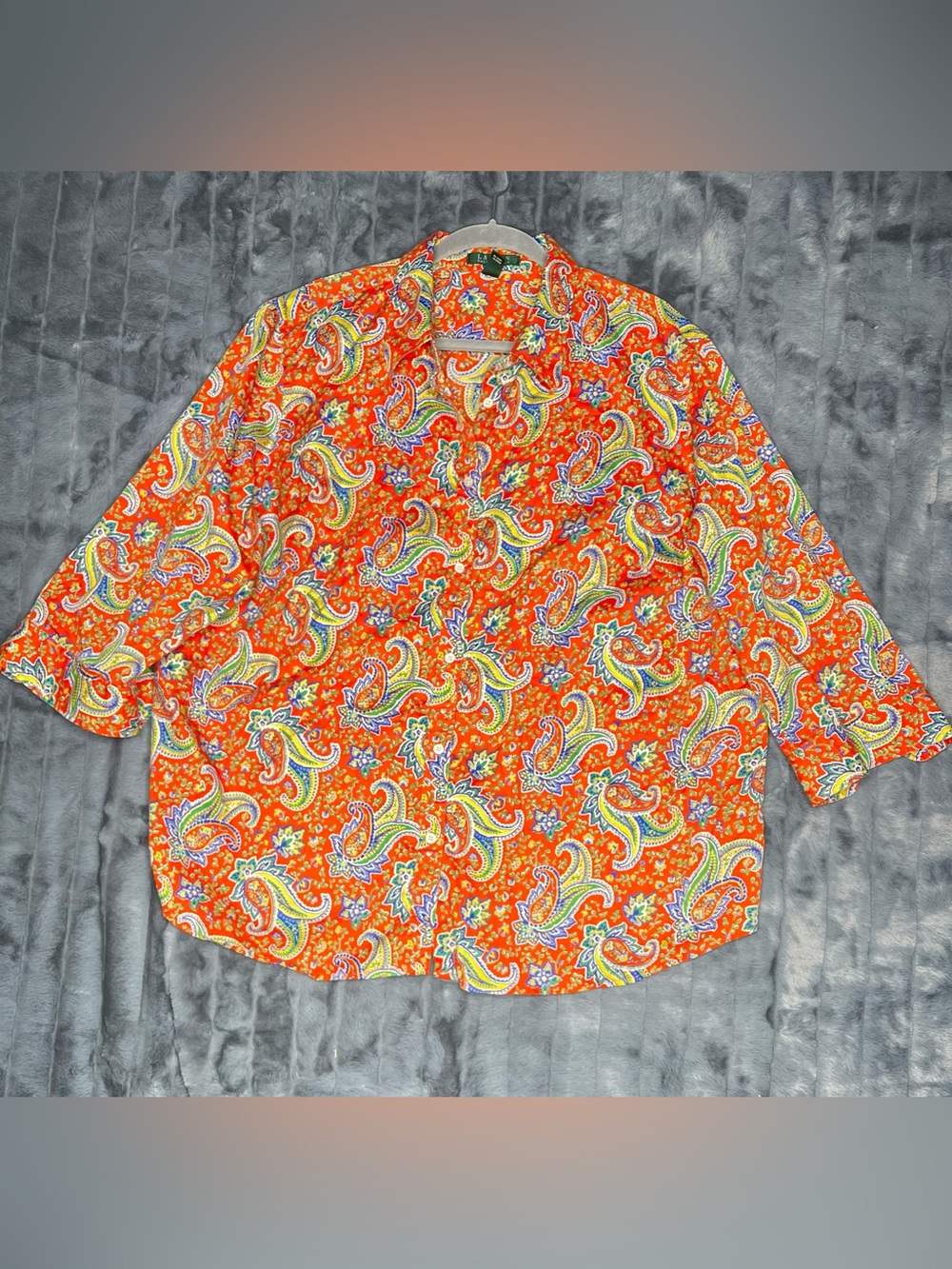 Lauren Ralph Lauren 3X Plus 100% Cotton Orange Paisley Button Front Blouse Boho
